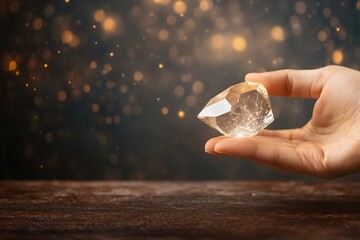 Hand holding a sparkling crystal with a warm, glowing background that enhances its beauty and captivates the viewer's attention