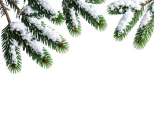 Snow covered green fir tree branches isolated on a white background.