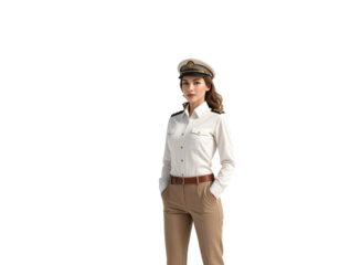 Confident woman in a professional pilot or captain uniform standing isolated.