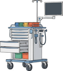 Medical crash cart with monitor and drawers.
