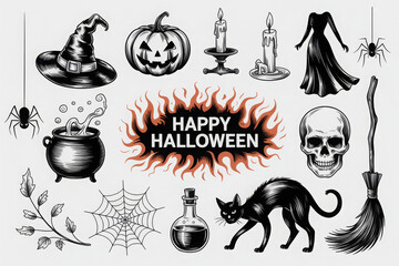 Engraved Halloween illustration set featuring pumpkins black cat skull and witch hat perfect for holiday designs and spooky themes