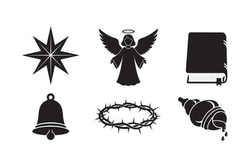 Religious christmas icons featuring angel star bell crown and book