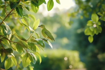 Bright green bird perched among lush foliage in a serene natural setting, enjoying the vibrant surroundings