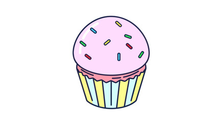 A single frosted cupcake with colorful sprinkles presented in a striped wrapper.