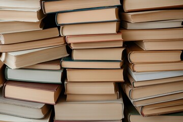 Stacked books in various sizes and colors fill a wooden table, showcasing a love for reading and knowledge in a cozy environment ideal for study