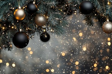 Decorated Christmas tree with black and gold ornaments amidst falling snow and warm lights in a festive holiday setting