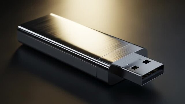 Sleek metallic USB flash drive on dark surface