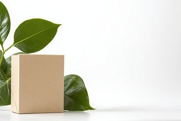 Package surrounded by green leaves on a plain background showcasing simple yet elegant design in a minimalist setup