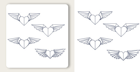 Heartfelt wing emblems in a minimalist layout evoking feelings of love freedom and protection line vector illustration