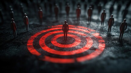 Customer focus target group and customer relationship management concept: Marketing, target audience, and human recruitment with business target icons.