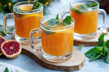 Warm citrus drink with mint leaves served in glass mugs on a wooden board, suitable for gatherings or cozy evenings