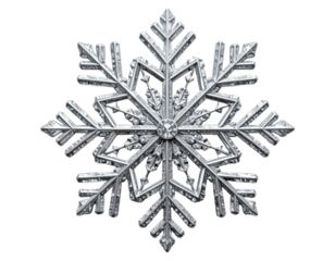 Intricate silver crystal snowflake ornament isolated on a white background.