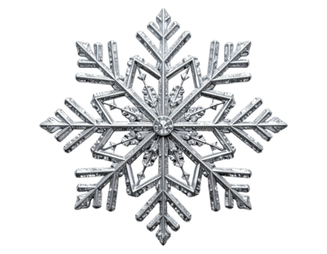 Intricate silver crystal snowflake ornament isolated on a white background.