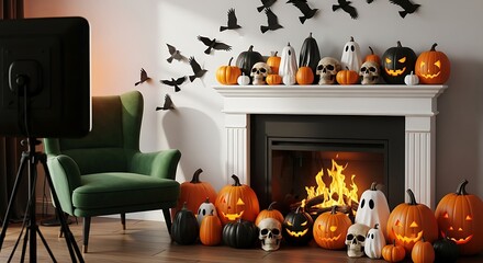 Festive Halloween interior with a burning fireplace, jack-o-lanterns, and spooky decor