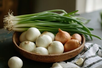 Fresh vegetables arranged in a wooden bowl, featuring white onions and green onions, perfect for cooking and healthy meals in a kitchen setting