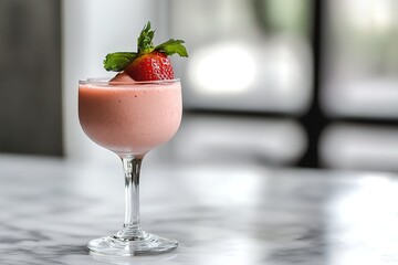 Delicious strawberry smoothie served in a stylish glass with a fresh mint garnish at a modern cafe setting