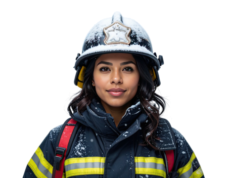 Portrait of a confident Hispanic female firefighter in uniform and helmet.