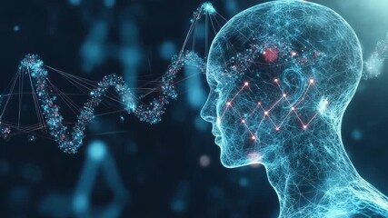 Digital human face silhouette with neural lines and data visualization on technology background - Powered by Adobe