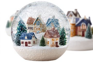 Charming snow globe featuring a miniature winter village scene complete with cozy houses and snow-covered trees perfect for holiday decorations and festive displays