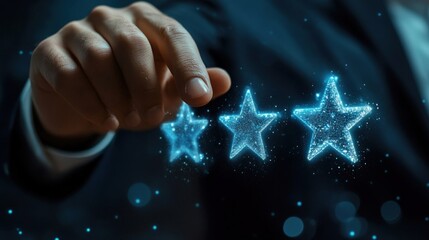 Customer journey concept: Businessman touching virtual customer journey icon for journey evaluation, boosting satisfaction, encouraging repeat business, and driving revenue growth.