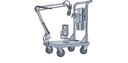 Medical Equipment Cart with Articulating Arm and Wheels.