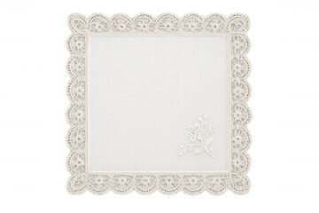 White vintage handkerchief featuring delicate lace crochet border and embroidered floral design, transparent background