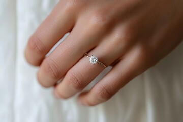 Elegant diamond ring displayed on a hand showcasing its brilliance and simplicity in a soft and inviting background