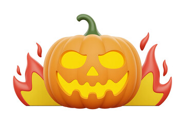 A carved pumpkin with glowing eyes and a grinning mouth, surrounded by flickering flames.