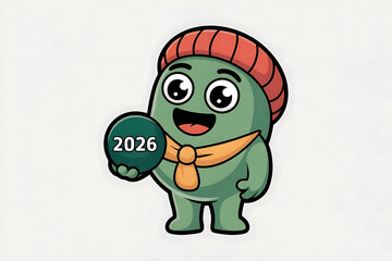 Obraz premium Cute green character wearing a hat, holding a sphere with '2026', conveying joy and anticipation.