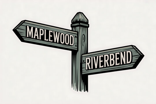 A weathered wooden signpost directs towards Maplewood and Riverbend, evoking a sense of journey.