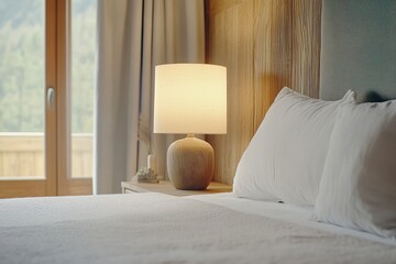 Cozy bedroom with a wooden interior and a bedside lamp illuminating a neatly made bed near large windows showcasing a scenic view of nature