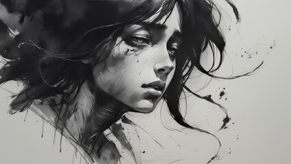 Fototapeta premium Black and white ink wash painting of a woman with flowing dark hair