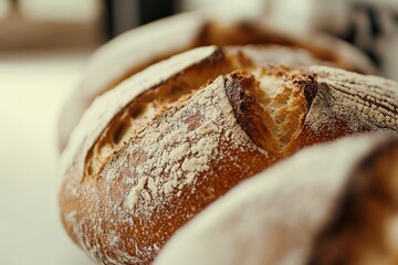 Freshly baked bread loaves with golden crust lined up on the counter ready for sale in a cozy bakery