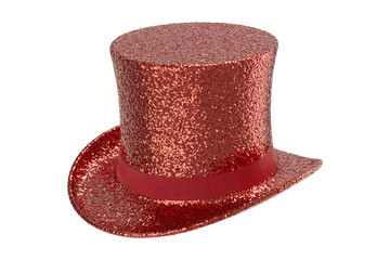 Sparkling red top hat with a wide brim, evokes theatrical flair and vintage charm.
