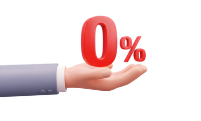 Hand presents zero percent offer with red 0% symbol floating above palm isolated on transparent background