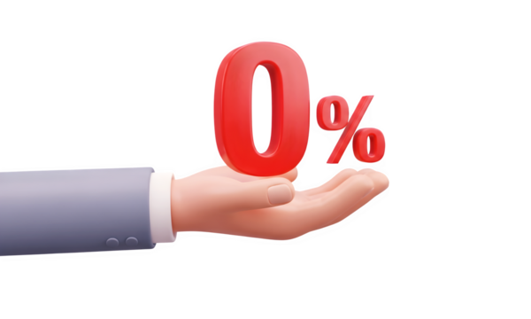 Hand presents zero percent offer with red 0% symbol floating above palm isolated on transparent background