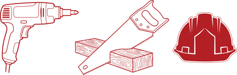 Construction Tools And Safety Gear Outline Icons With Red Color On White drill wood