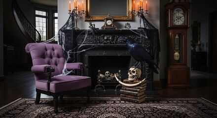 Elegant Halloween Decoration A Spooky Living Room with a Raven and Ornate Details