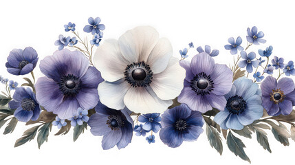 Watercolor floral arrangement with purple and white anemone flowers and blue flowers isolated on transparent background