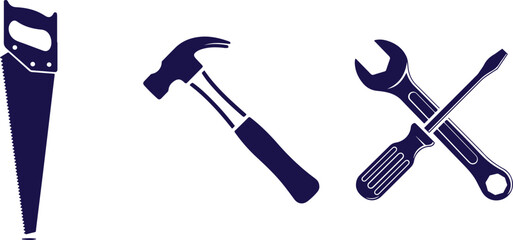 Dark Blue Silhouette of Saw Hammer Wrench and Screwdriver on White hand saw claw hammer