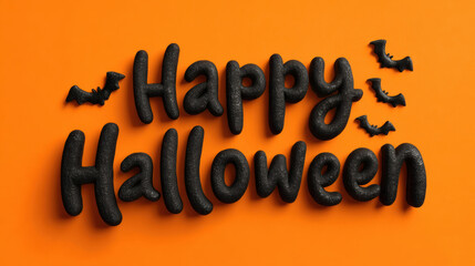 Happy Halloween black lettering with cute bats on bright orange background. Fun and playful design perfect for Halloween cards, invitations, banners, and festive decorations for kids