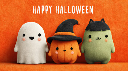 Happy Halloween Cute kawaii Halloween illustration with a smiling ghost, pumpkin in a witch hat, and green cat plush toy on an orange background, Happy Halloween text above