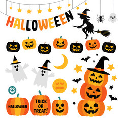 Halloween vector illustration set with pumpkins ghosts witch and bats festive design elements for holiday decorations and party invitations