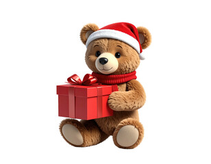 Adorable brown teddy bear wearing a Santa hat and holding a red gift.