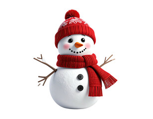 Cheerful smiling snowman wearing a red knitted hat and scarf.