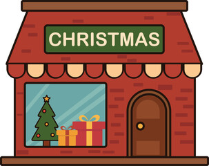 Christmas Shop Vector Illustration – Festive Storefront with Holiday Decorations and Gifts