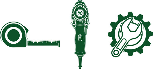Green Construction Tools Icons Including Tape Measure Drill And Wrench With Gear measuring