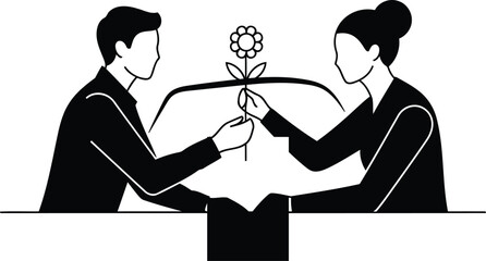 A man in a suit offers a single flower to a woman in a suit across a table in a minimalist illustration