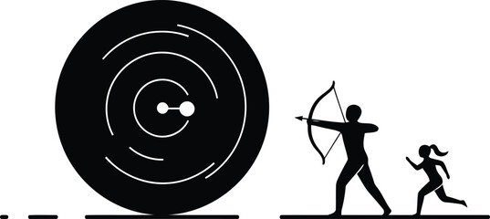 Silhouette of an archer aiming at a large target with a runner in pursuit symbolizing competition and pursuit of goals