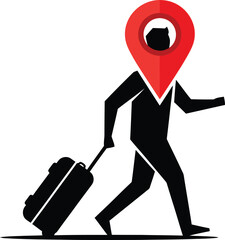 Stylized silhouette of a person with a red location pin for a head walking with a suitcase